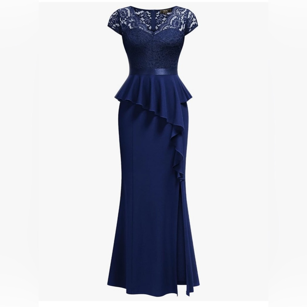 MissMay blue lace bust with ruffle waist gown with slit, women’s small